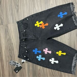 Chrome Hearts Black Jean Shorts with Colorful Crosses